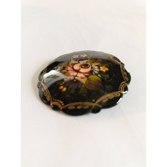 Vintage Russian Floral Brooch Hand-Painted Lacquer Finish - Picture 5 of 6